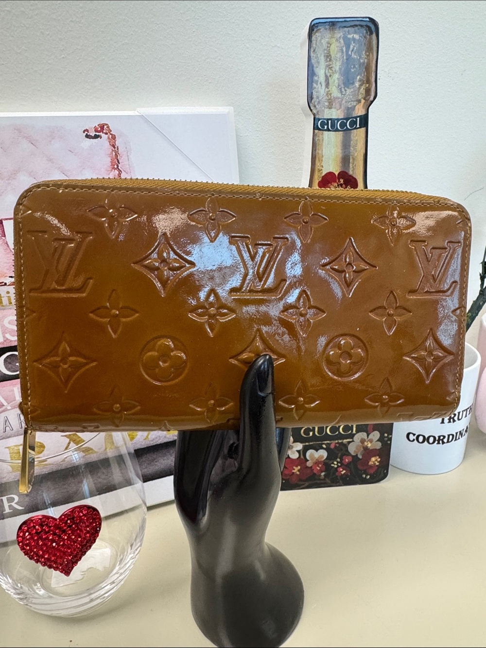 Louis Vuitton Patent Monogram Zip Wallet in Cognac